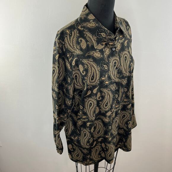 Tommy Hilfiger Black Tan Paisley Button-Up Cotton Shirt Top Long Sleeve Plus 16 - Picture 3 of 8